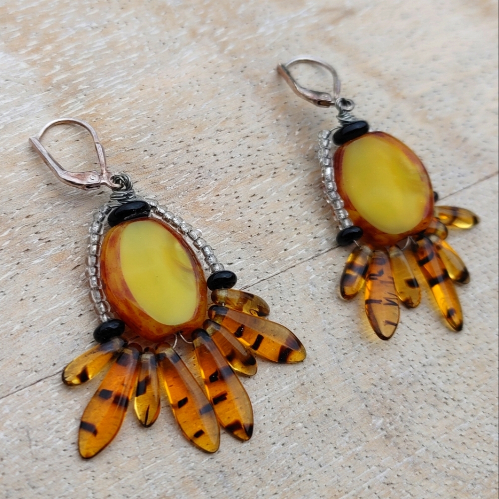 Artsy Amber and Beaded Earrings with leverback hooks (2") - Picture 3 of 9